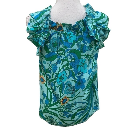 Figue Gianna drawstring ruffle top blouse self tie tassel floral turquoise sz xs - Picture 8 of 14